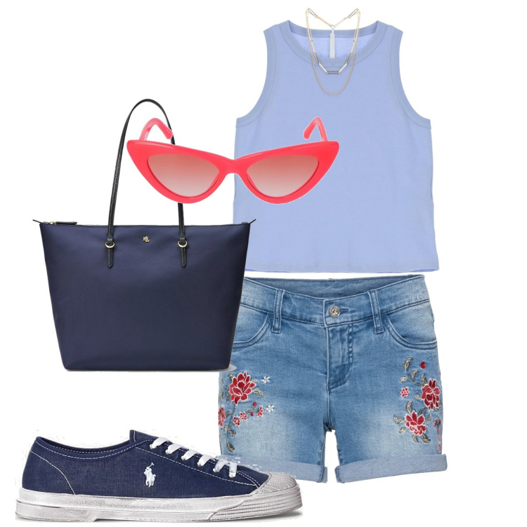 Outfit donna - Short ricamati. Stile Casual per Tutti i giorni. Abbinamento con shorts, top, borse tote, sneakers, occhiali da sole.