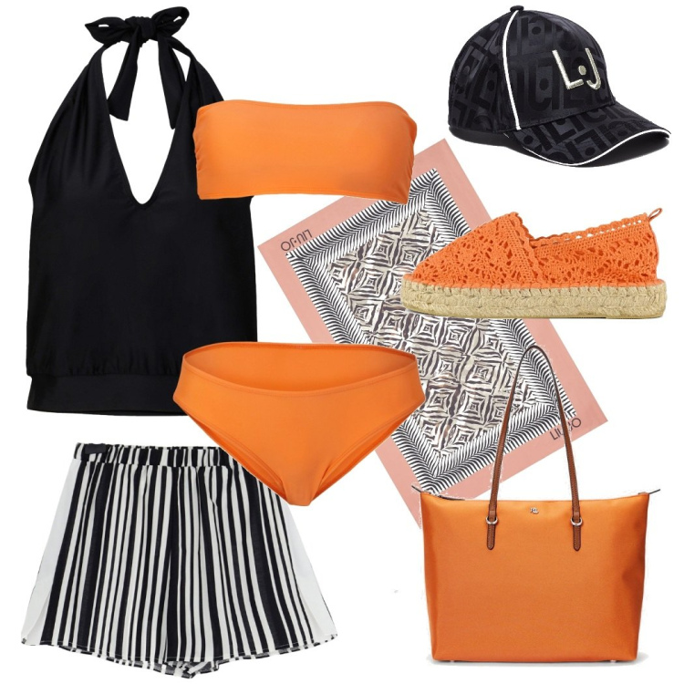 Outfit donna - Aperitivo in spiaggia. Stile Glamour per Mare. Abbinamento con costumi interi, shorts, borse tote, espadrillas, cappelli, vestiti da spiaggia.