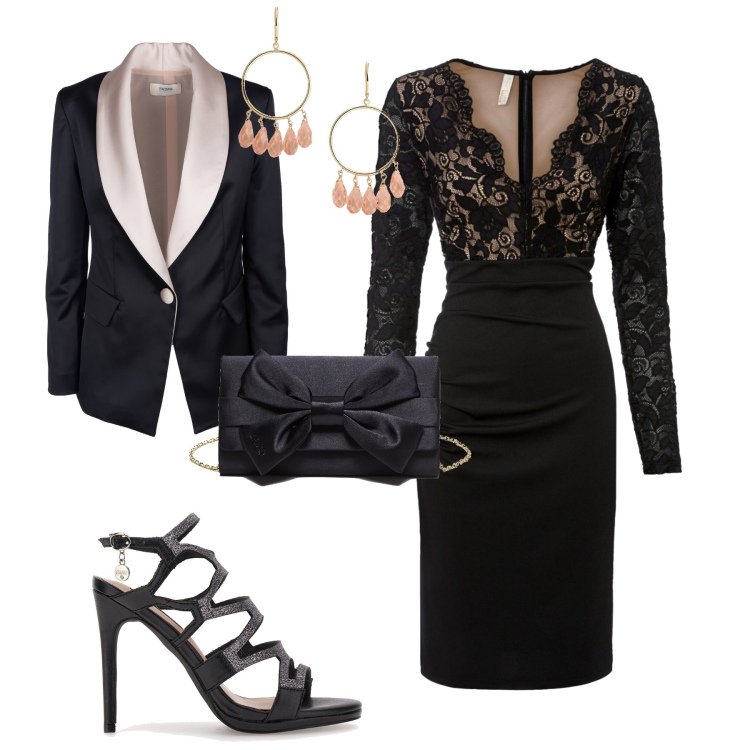 Outfit donna - Eleganza con l abito in pizzo serata. Stile Chic per Serata fuori. Abbinamento con vestiti, blazer, orecchini, sandali col tacco, pochette.