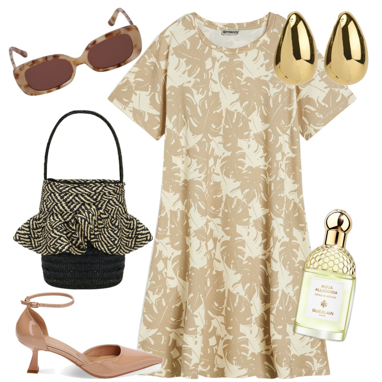 Outfit donna - Che dolce total look. Stile Bon Ton per Tutti i giorni. Abbinamento con orecchini, profumi, vestiti, borse a secchiello, décolleté, occhiali da sole.