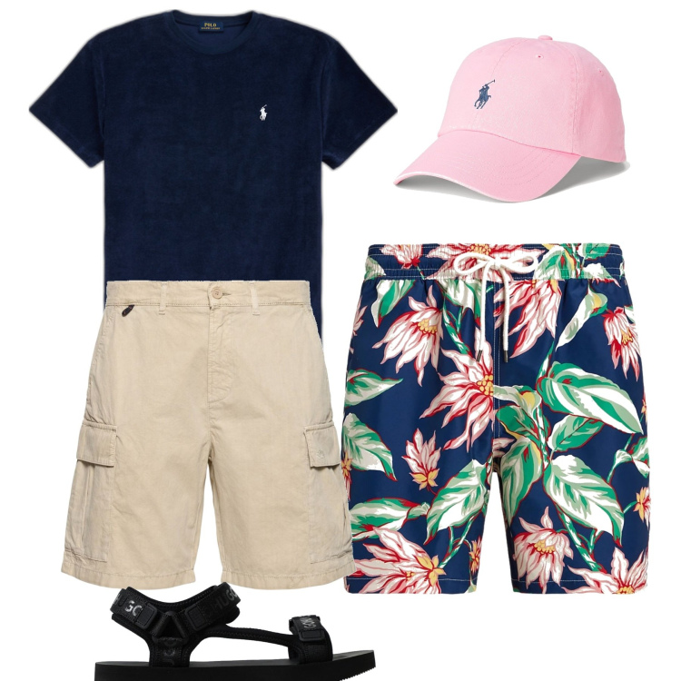 Outfit uomo - Total look #1887024. Stile Trendy per Mare. Abbinamento con cappelli, t-shirt, costumi, shorts, sandali.