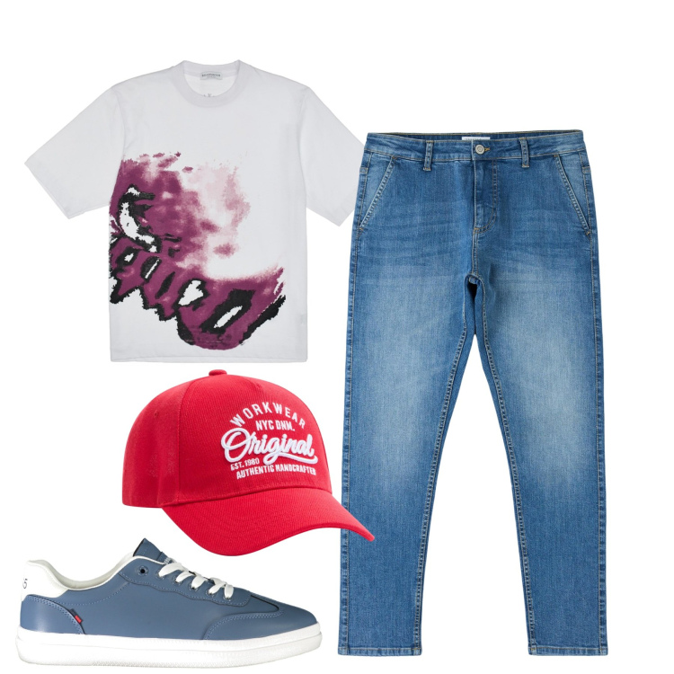 Outfit uomo - Total look #1887032. Stile Casual per Tutti i giorni. Abbinamento con cappelli, jeans skinny, t-shirt, sneakers.