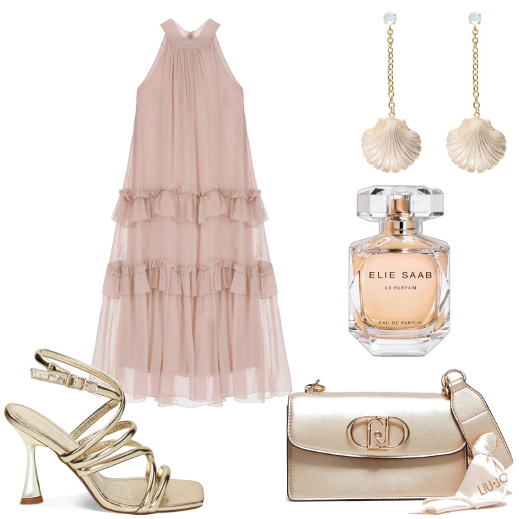 Outfit donna - Abito lungo con fiocco. Stile Chic per Cerimonia. Abbinamento con profumi, sandali col tacco, orecchini, vestiti lunghi, borse a spalla.