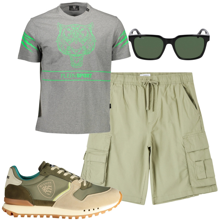 Outfit uomo - Total look #1887050. Stile Casual per Tutti i giorni. Abbinamento con pantaloni corti, sneakers, t-shirt, occhiali da sole.