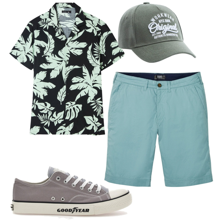 Outfit uomo - Weekend. Stile Casual per Tutti i giorni. Abbinamento con bermuda, camicie a manica corta, cappelli, sneakers.