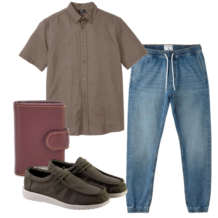 Outfit uomo - City. Stile Casual per Tutti i giorni. Abbinamento con camicie a manica corta, jeans, scarpe stringate, portafogli.