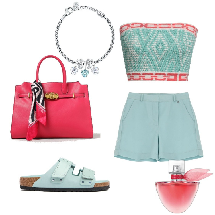 Outfit donna - Shorts e top. Stile Chic per Tutti i giorni. Abbinamento con top, braccialetti, profumi, shorts, sandali in pelle, borse tote.