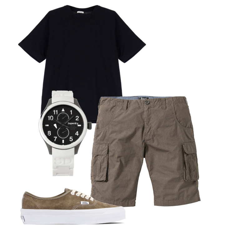 Outfit uomo - City. Stile Casual per Tutti i giorni. Abbinamento con bermuda, orologi, t-shirt, sneakers.