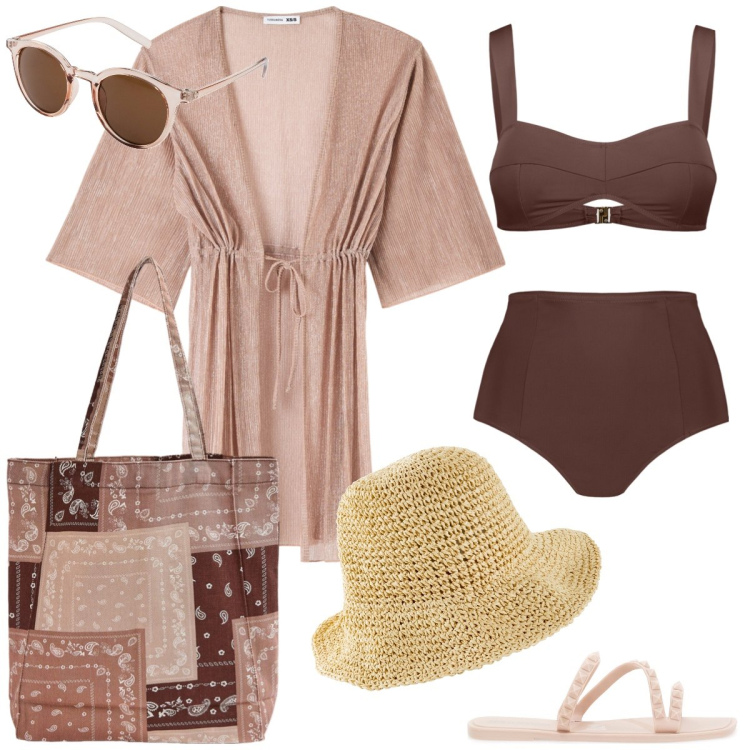 Outfit donna - Total look #1887080. Stile Chic per Mare. Abbinamento con occhiali da sole, cappelli, shopping bag, caftani, bikini, ciabatte.