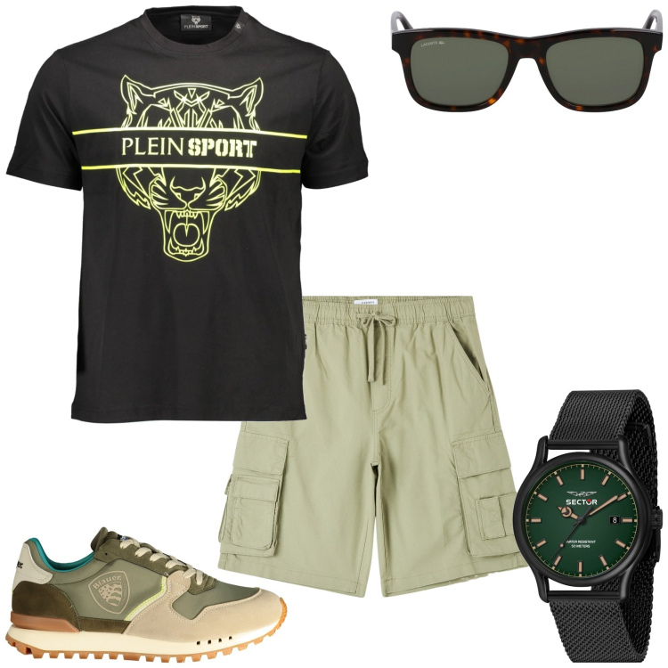 Outfit uomo - Week-end. Stile Casual per Tutti i giorni. Abbinamento con orologi, pantaloni corti, sneakers, t-shirt, occhiali da sole.