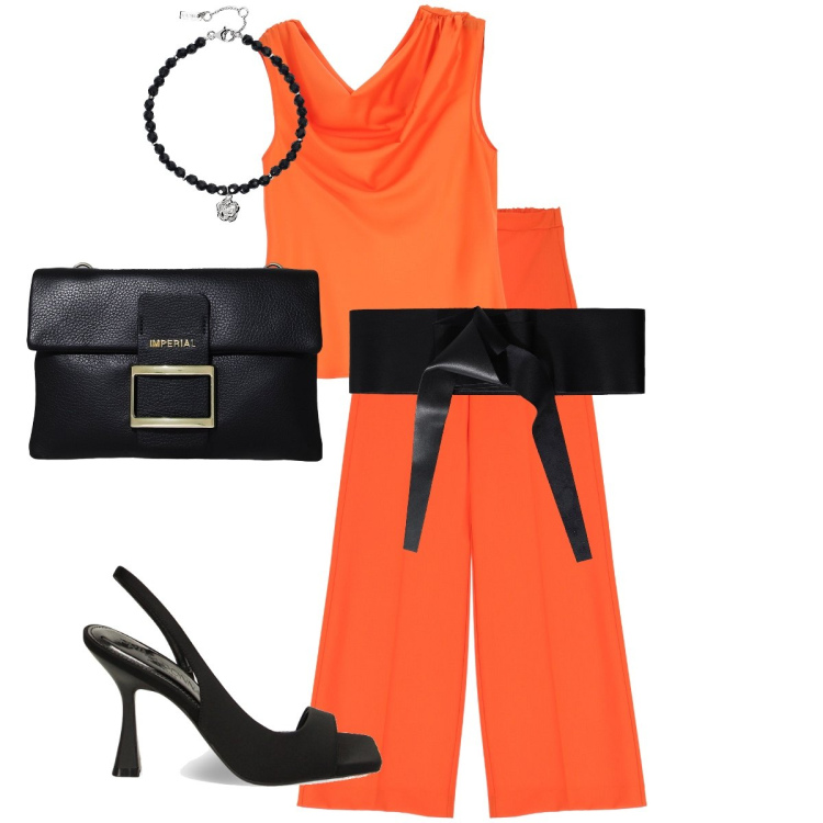 Outfit donna - Arancione… che passione!. Stile Glamour per Serata fuori. Abbinamento con braccialetti, cinture, canottiere, pantaloni a palazzo, pochette, sandali col tacco.