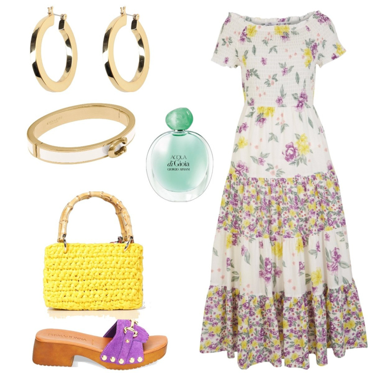 Outfit donna - Total look #1887116. Stile Romantica per Tutti i giorni. Abbinamento con vestiti, orecchini, braccialetti, profumi, zoccoli, pochette.