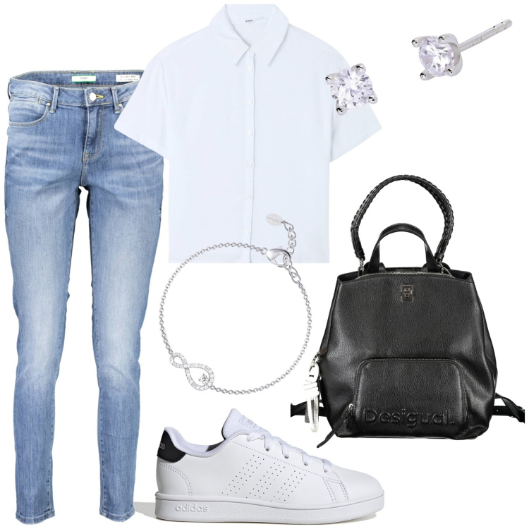 Outfit donna - Total look #1887169. Stile Minimal per Scuola/Università. Abbinamento con camicie a manica corta, braccialetti, orecchini, zaini, sneakers, jeans skinny.