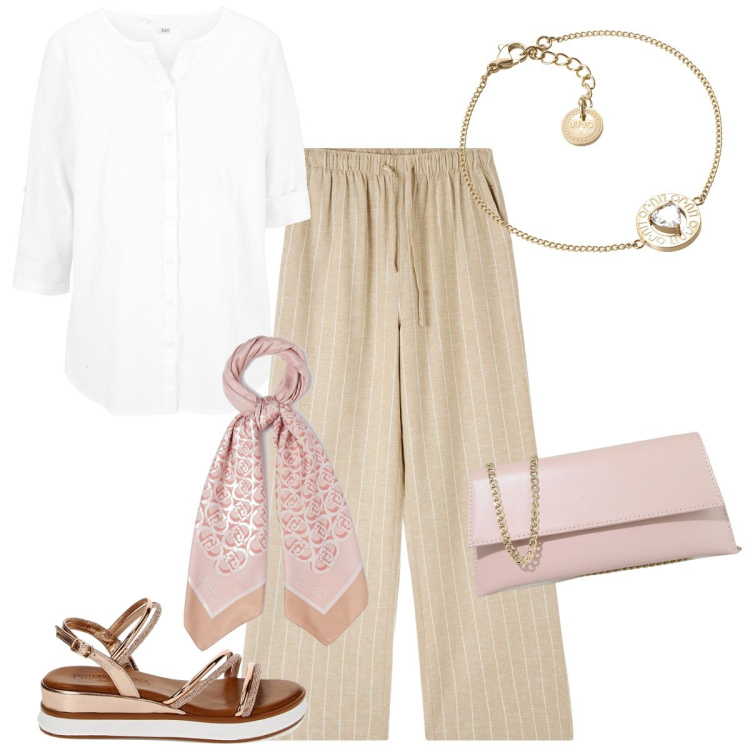 Outfit donna - La camicia di lino bianco. Stile Casual chic per Tutti i giorni. Abbinamento con camicie, pantaloni, pochette, zeppe, foulard, braccialetti.