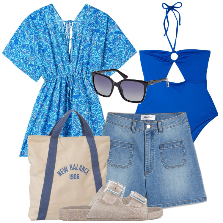 Outfit donna - Mare. Stile Casual per Mare. Abbinamento con shorts, caftani, costumi interi, borse a mano, sandali, occhiali da sole.