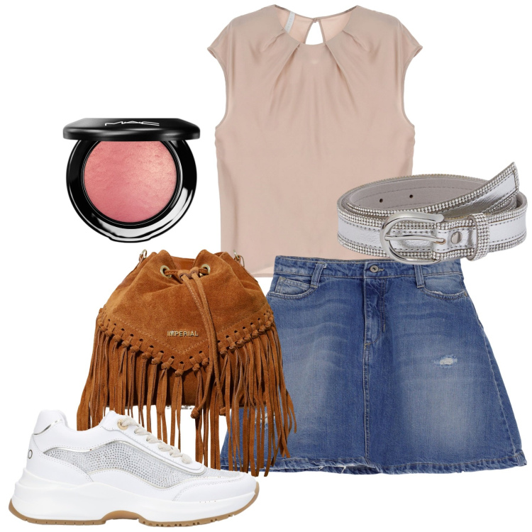 Outfit donna - Sera. Stile Casual chic per Serata fuori. Abbinamento con blush, minigonne, top, borse a secchiello, cinture, sneakers.