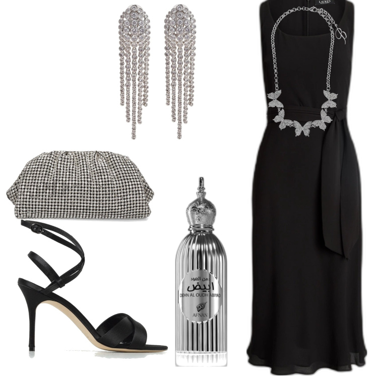 Outfit donna - Sandali con il tacco. Stile Chic per Serata fuori. Abbinamento con orecchini, profumi, vestiti senza maniche, collane, pochette, sandali col tacco.