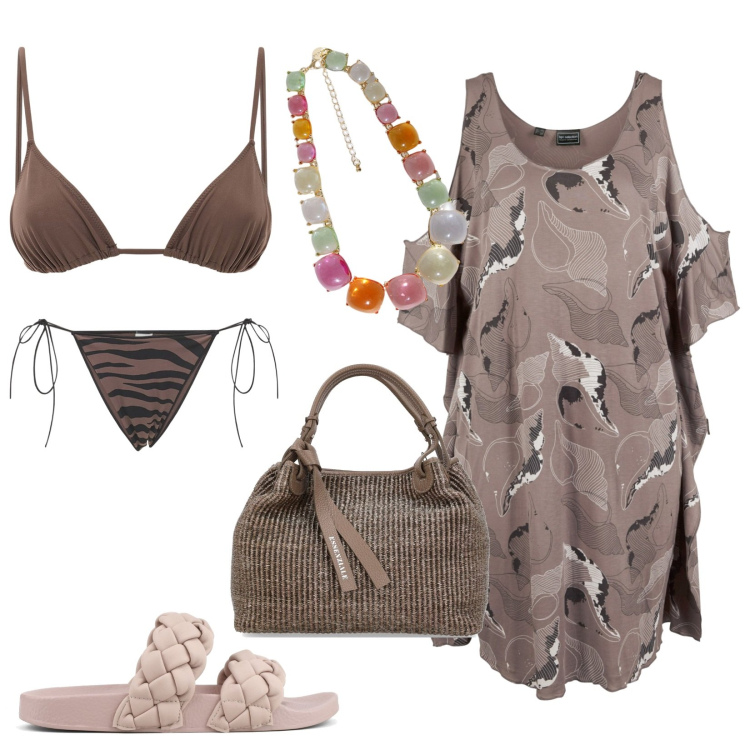 Outfit donna - Total look #1887185. Abbinamento con vestiti da spiaggia, collane, shopping bag, ciabatte, bikini, bikini.