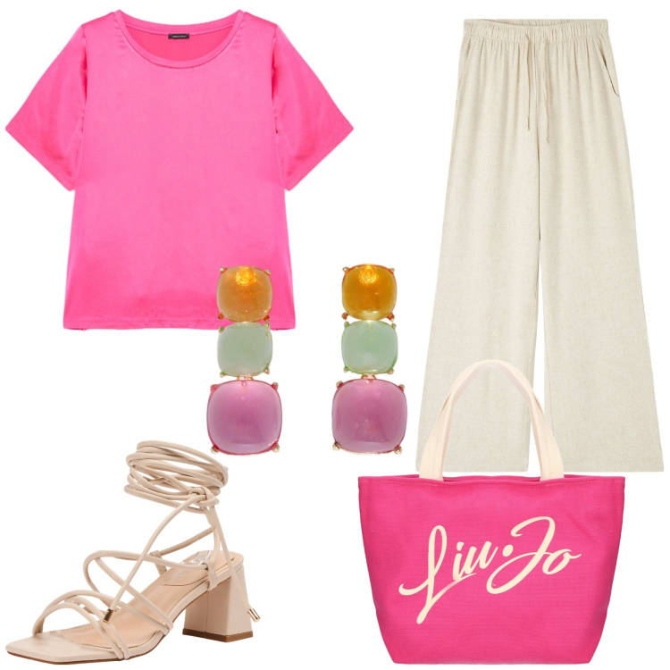 Outfit donna - Bantoa Summer outfit. Stile Basic per Serata fuori. Abbinamento con pantaloni, sandali alla schiava, orecchini, bluse, shopping bag.