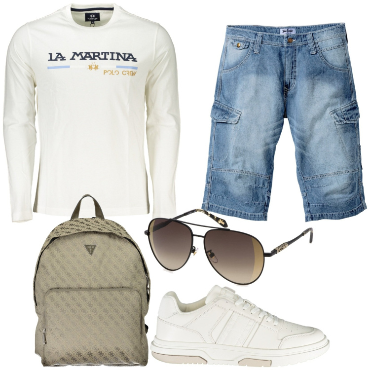 Outfit uomo - Comodo per una passeggiata. Stile Casual per Tutti i giorni. Abbinamento con bermuda, t-shirt, scarpe sportive, borse sportive, occhiali da sole.