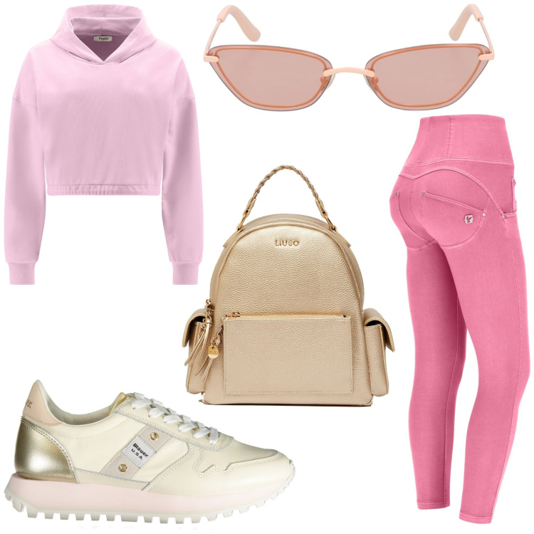Outfit donna - Sempre sport. Stile Casual per Tutti i giorni. look ideale per Petite. Abbinamento con pantaloni skinny, felpe con cappuccio, zaini, sneakers, occhiali da sole.