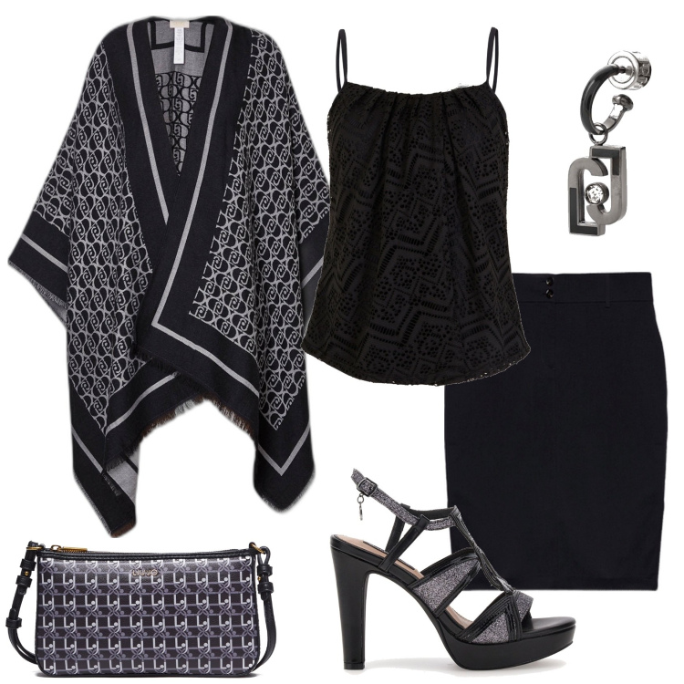 Outfit donna - Nero e grigio. Stile Chic per Serata fuori. Abbinamento con top, gonne, sandali, cappe, borse a tracolla, orecchini.