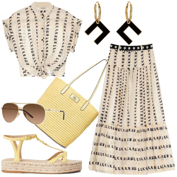 Outfit donna - Coordinato Dixie. Stile Trendy per Tutti i giorni. Abbinamento con orecchini, gonne lunghe, camicie, occhiali da sole, borse tote, espadrillas.