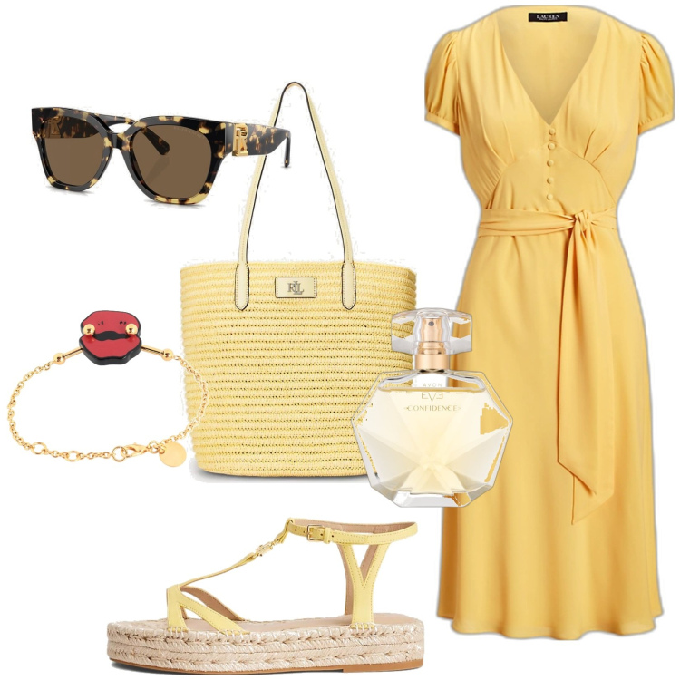 Outfit donna - Giallo primule. Stile Casual per Tutti i giorni. Abbinamento con braccialetti, profumi, vestiti, occhiali da sole, borse tote, espadrillas.