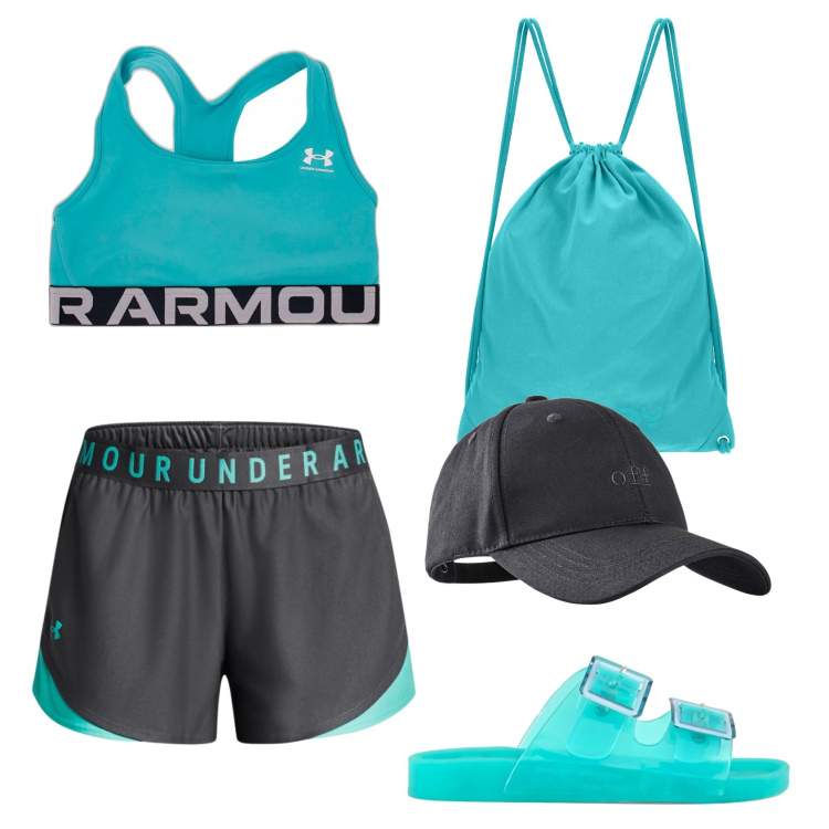 Outfit donna - Sport in spiaggia. Stile Sporty chic per Mare. Abbinamento con cappelli con visiera, zaini, sandali, pantaloni, top.