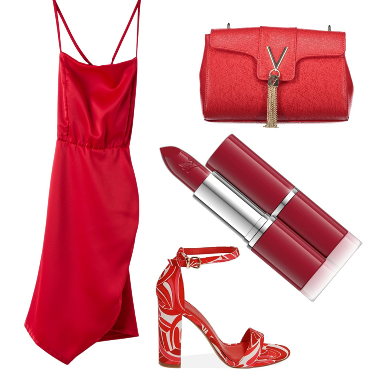 Outfit donna - Festa in spiaggia. Stile Glamour per Serata fuori. Abbinamento con rossetti, vestiti corti, sandali col tacco, borse a tracolla.