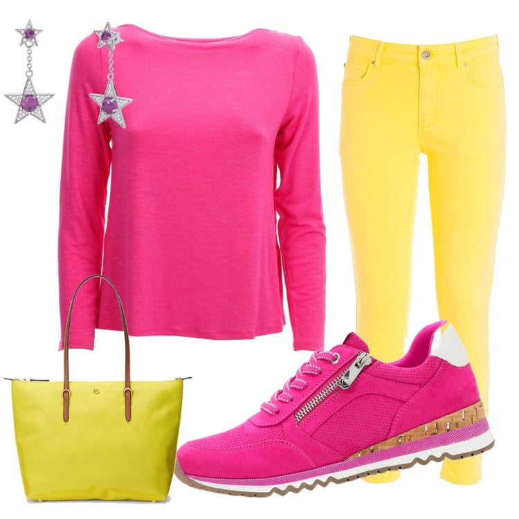 Outfit donna - Total look #1887277. Stile Casual per Tutti i giorni. Abbinamento con sneakers, orecchini, jeans, borse tote, maglieria.