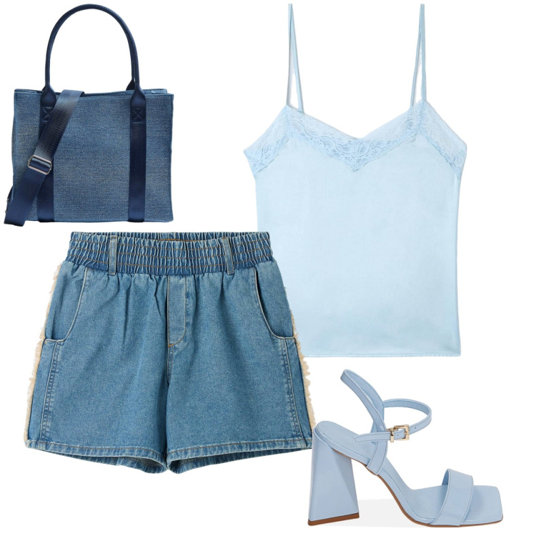 Outfit donna - Total look #1887287. Stile Sporty chic per Tutti i giorni. Abbinamento con shorts, canottiere, shopping bag, sandali col tacco.