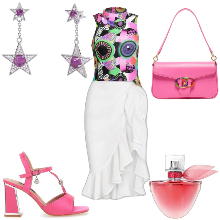 Outfit donna - Total look #1887321. Stile Basic per Tutti i giorni. Abbinamento con profumi, orecchini, gonne, sandali col tacco, body, borse a tracolla.