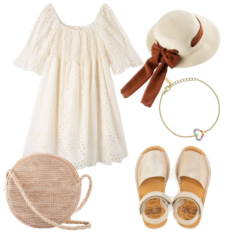 Outfit donna - Un romantico inizio d\'estate. Stile Romantica per Mare. Abbinamento con cappelli, borse a tracolla, vestiti corti, braccialetti, sandali in pelle.