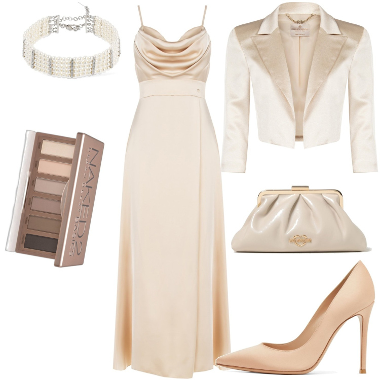Outfit donna - Nude cerimonia. Stile Glamour per Cerimonia. Abbinamento con ombretti, bolero, vestiti lunghi, clutch, décolleté, collane.