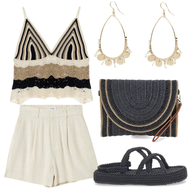 Outfit donna - Weekend al mare. Stile Boho per Mare. Abbinamento con bermuda, top, orecchini, borse a tracolla, sandali.