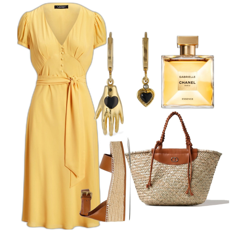 Outfit donna - Chanelle. Stile Bon Ton per Tutti i giorni. Abbinamento con profumi, vestiti, zaini, orecchini, sandali in pelle.