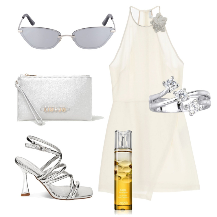 Outfit donna - Festa d\'estate. Stile Chic per Serata fuori. Abbinamento con profumi, anelli, vestiti corti, sandali col tacco, clutch, occhiali da sole.