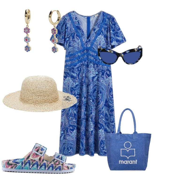 Outfit donna - Chic al mare. Stile Chic per Mare. Abbinamento con vestiti lunghi, orecchini, sandali, shopping bag, occhiali da sole, cappelli.