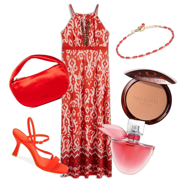 Outfit donna - Abito con spalline. Stile Etnico per Tutti i giorni. look ideale per Tall. Abbinamento con vestiti, profumi, terre, sandali col tacco, borse a mano, braccialetti.