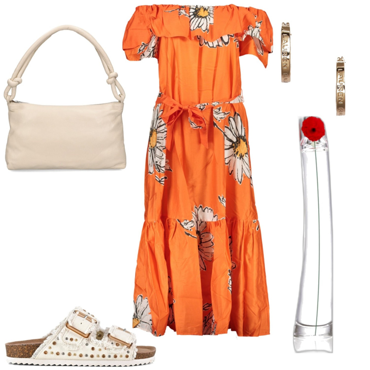 Outfit donna - Il vestito Desigual. Stile Boho per Tutti i giorni. Abbinamento con profumi, orecchini, sandali, vestiti lunghi, borse a spalla.