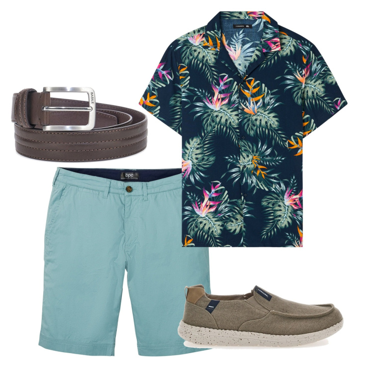 Outfit uomo - Carioca. Stile Trendy per Mare. Abbinamento con bermuda, camicie a manica corta, cinture, scarpe stringate.