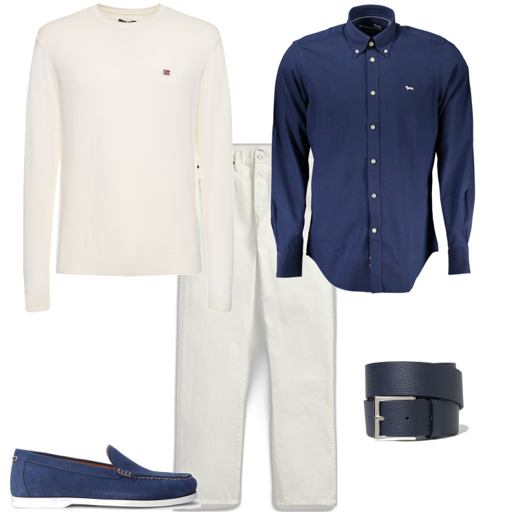 Outfit uomo - Trendy week end al mare. Stile Trendy per Mare. Abbinamento con scarpe stringate, jeans dritti, pullovers, camicie, cinture.