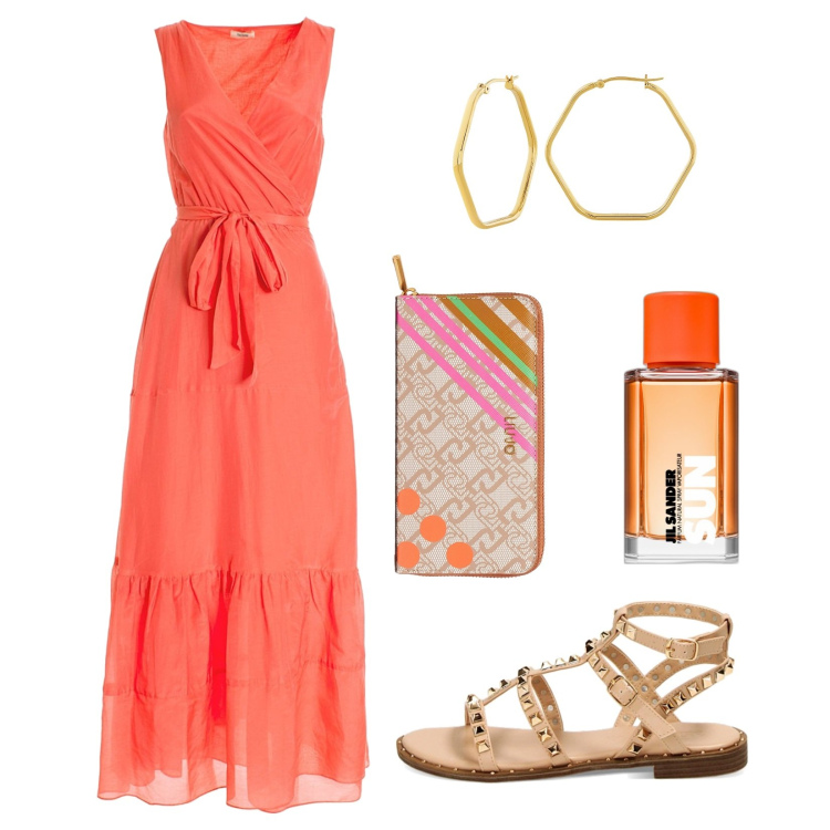 Outfit donna - Color aragosta. Stile Casual per Tutti i giorni. Abbinamento con orecchini, profumi, vestiti lunghi, sandali, portafogli.