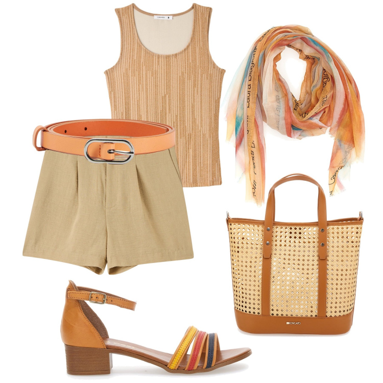 Outfit donna - I sandali sole & terra. Stile Trendy per Tutti i giorni. Abbinamento con bermuda, cinture, canottiere, sandali in pelle, borse a spalla, sciarpe.