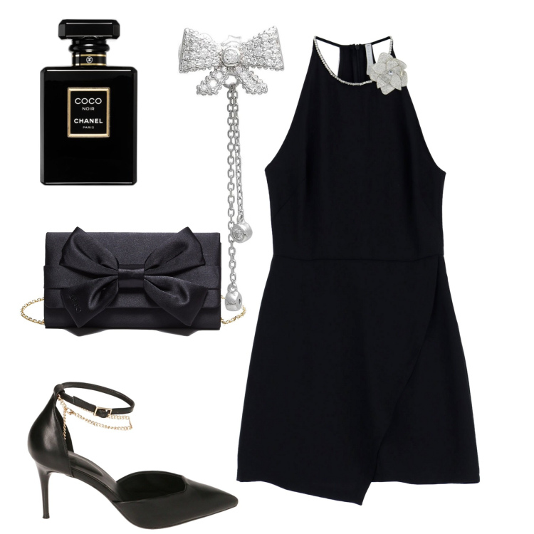 Outfit donna - Miniabito con collo prezioso. Stile Chic per Serata fuori. Abbinamento con orecchini, profumi, vestiti corti, décolleté, pochette.