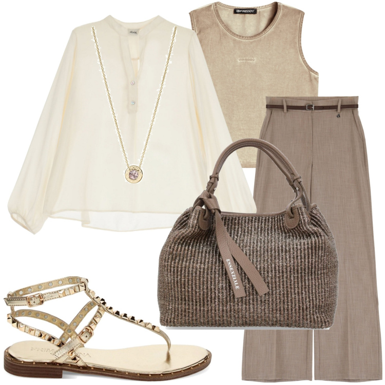 Outfit donna - Camicia di lino. Stile Casual chic per Serata fuori. Abbinamento con collane, top, pantaloni, camicie, ciabatte, shopping bag.