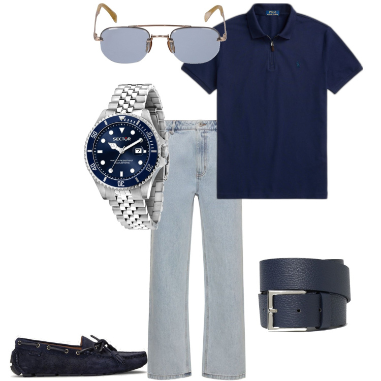 Outfit uomo - Trendy polo e jeans. Stile Trendy per Tutti i giorni. Abbinamento con orologi, scarpe stringate, polo, occhiali da sole, jeans, cinture.