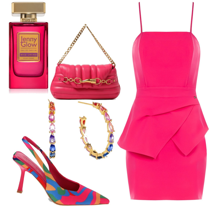 Outfit donna - Cerimonia. Stile Glamour per Cerimonia. Abbinamento con profumi, orecchini, vestiti corti, décolleté, borse a spalla.