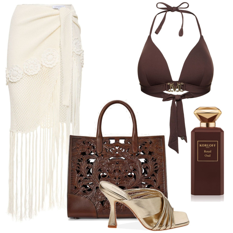 Outfit donna - Total look #1887522. Stile Glamour per Mare. Abbinamento con profumi, pantofole, borse tote, vestiti da spiaggia, bikini.